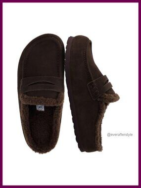 Genuine Suede Penny Loafer Slippers Faux Shearling Lined Moc Toe Slip On
